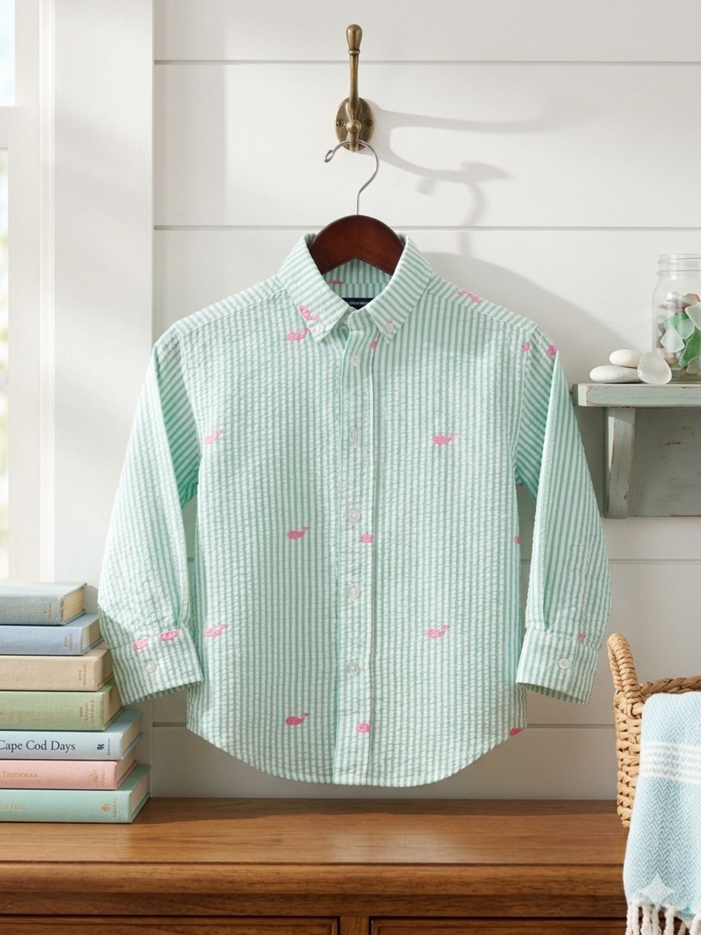 Kelly's Kids Mint Striped Button-Down Shirt with Pink Whale Motif